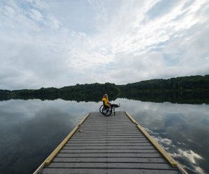 wheelchair outdoors lake