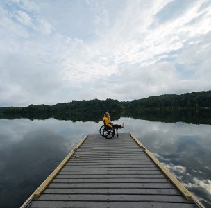 wheelchair outdoors lake